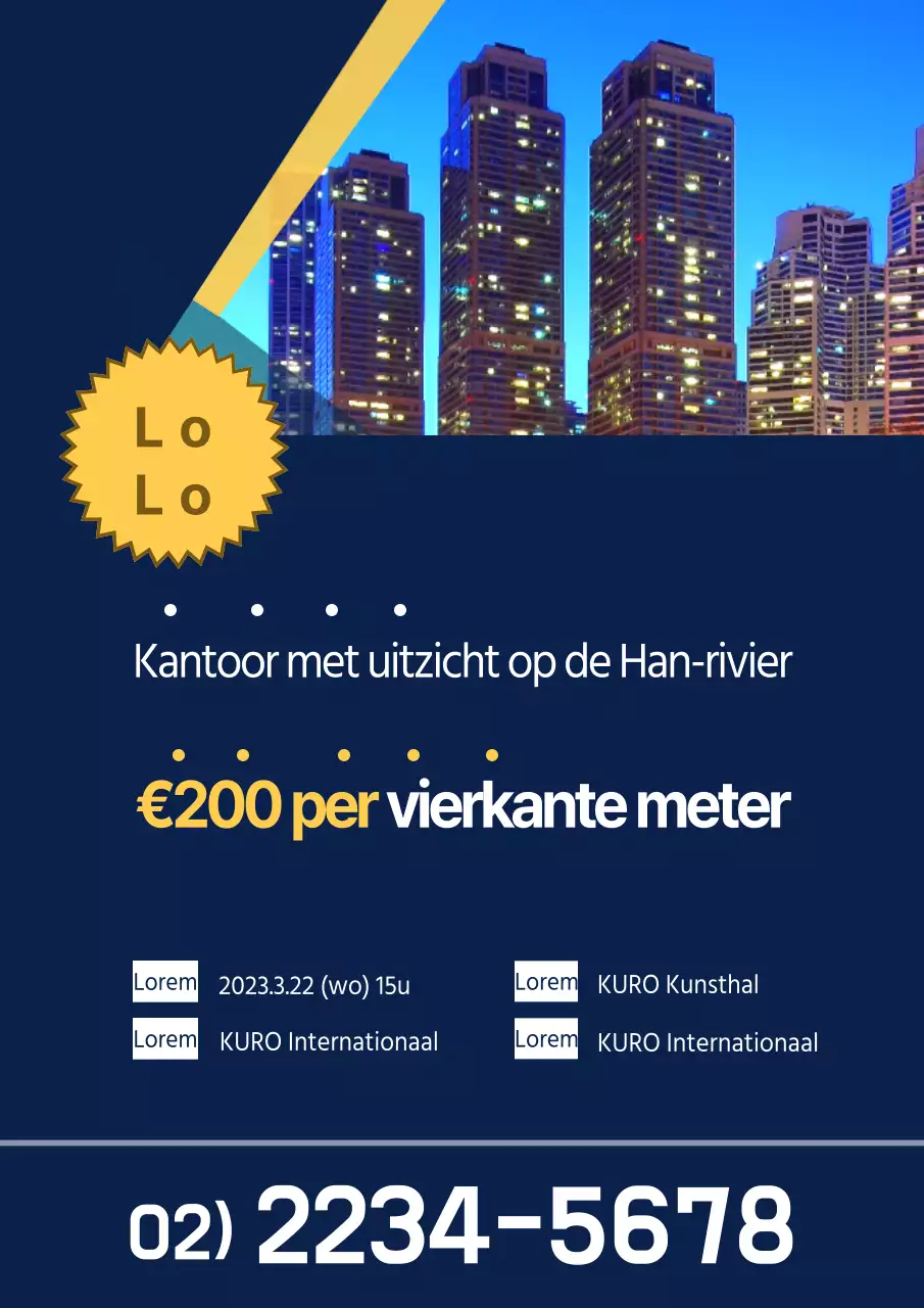 Promoot de verkoop van een vermelding van rivierzicht met een foto van nachtzicht in blauw.