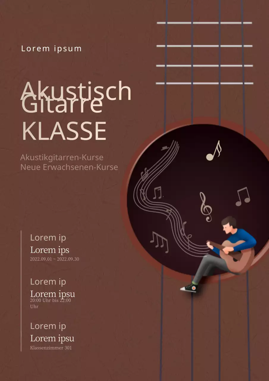 Werbeplakat für einen Gitarren-Hobbykurs in Brauntönen