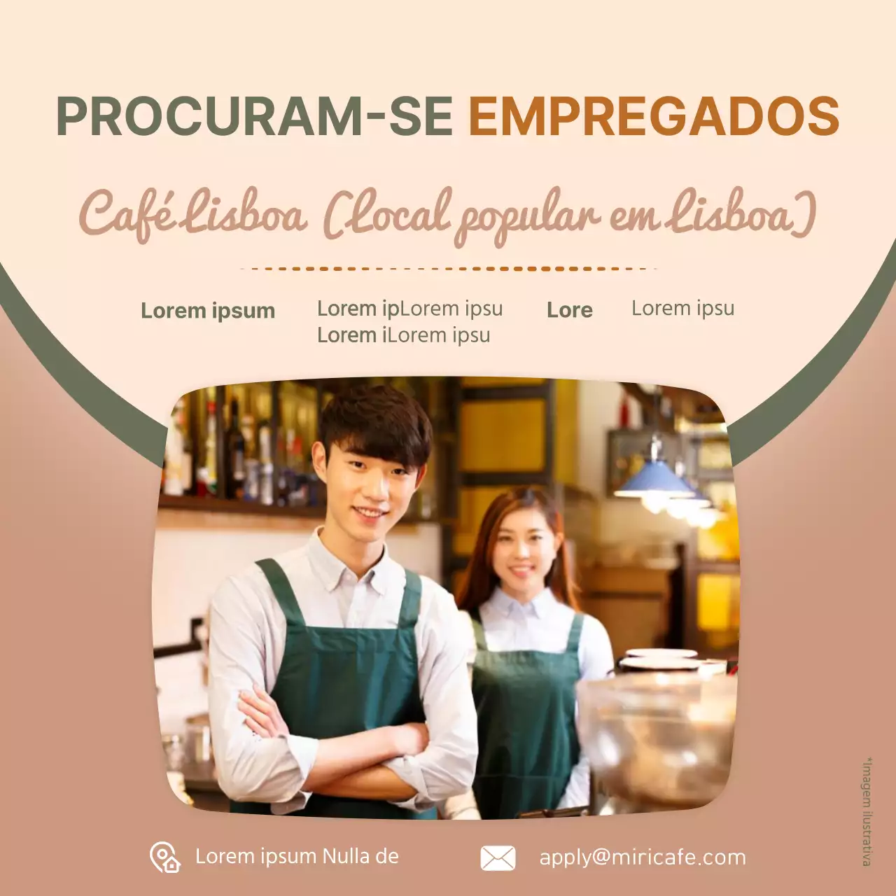 Anúncio de emprego de pessoal de café com fotografia em fundo castanho e verde V1