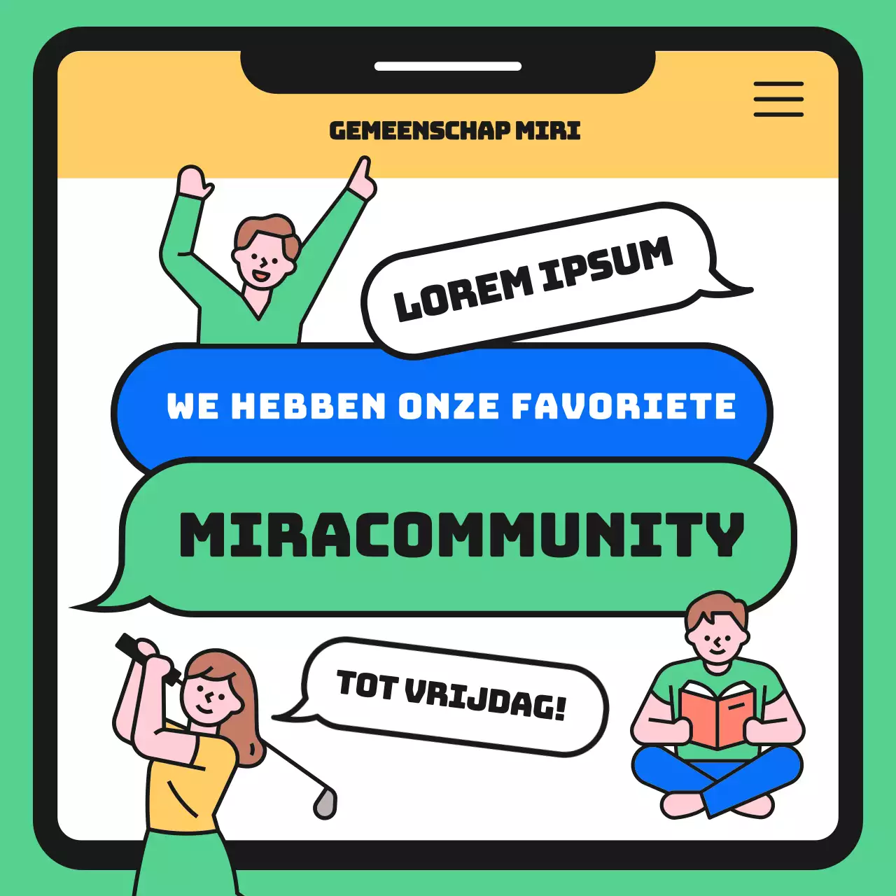 Een eenvoudig groen en geel gemeenschapsplatform promoten