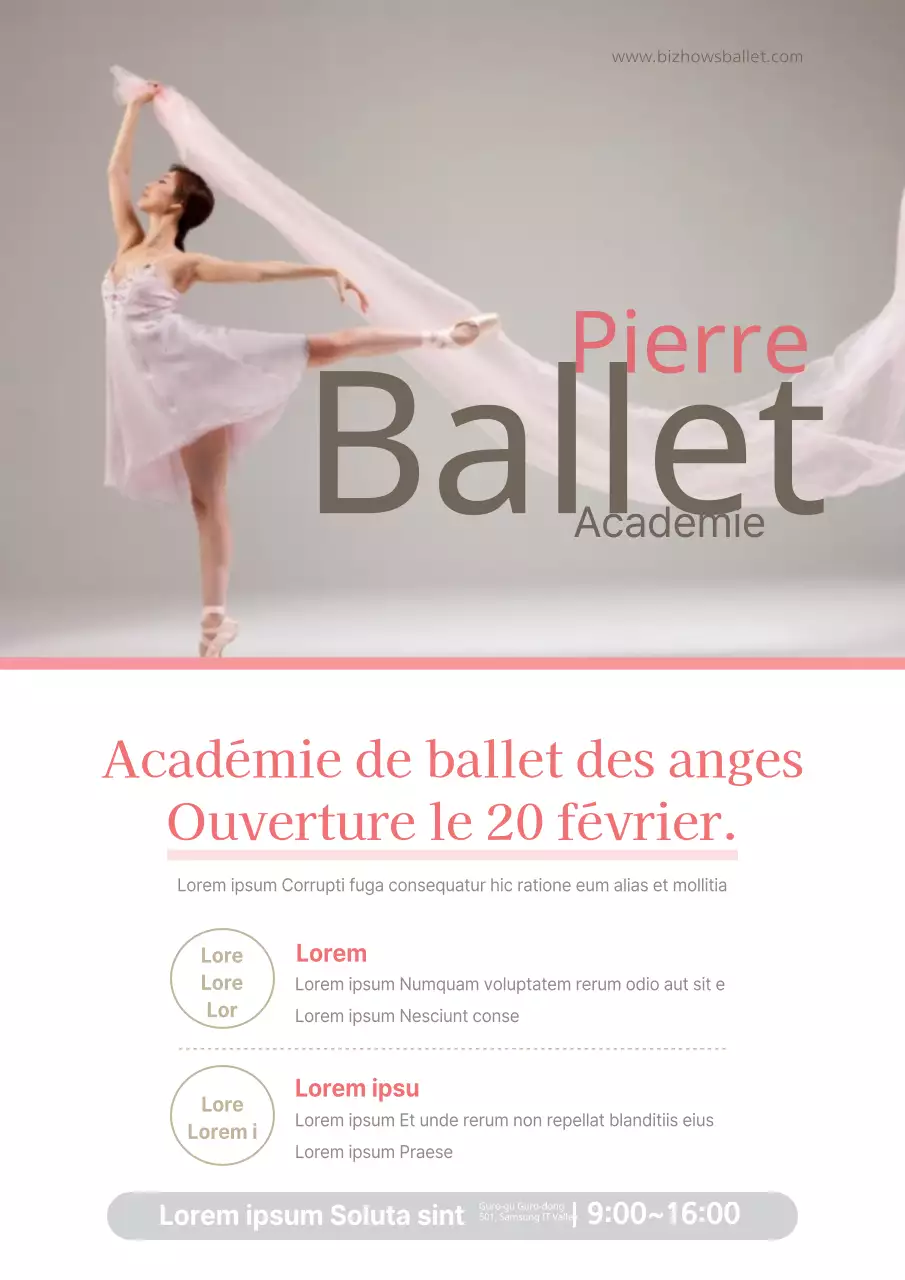 Promouvoir l'ouverture d'une académie de ballet avec la photo d'une ballerine en rose.