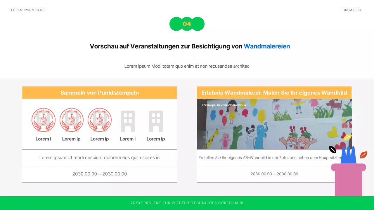 Planung einer Ausstellung von sauber illustrierten Wandbildern in Weiß, Blau und Grün