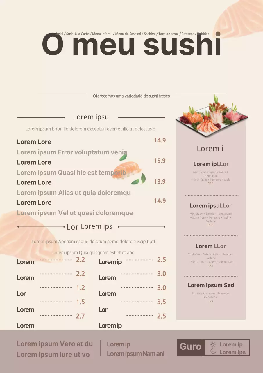 Quadro de ementas de um restaurante de sushi com fotografias amarelas e ilustrações de peixes
