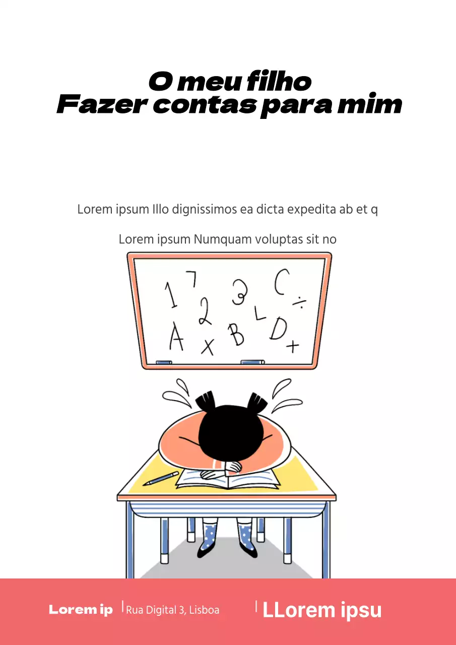 Promover uma escola de matemática para crianças com uma ilustração de uma criança cor-de-rosa e a chorar