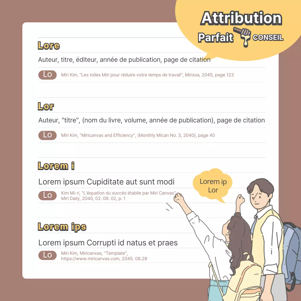 Illustrations d'attribution en brun et jaune