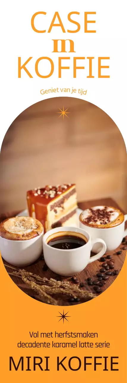 Een sfeervolle herfst-seizoensdrankkaart met een warmgele achtergrond, foto's van herfstige koffie en Engels lettertype