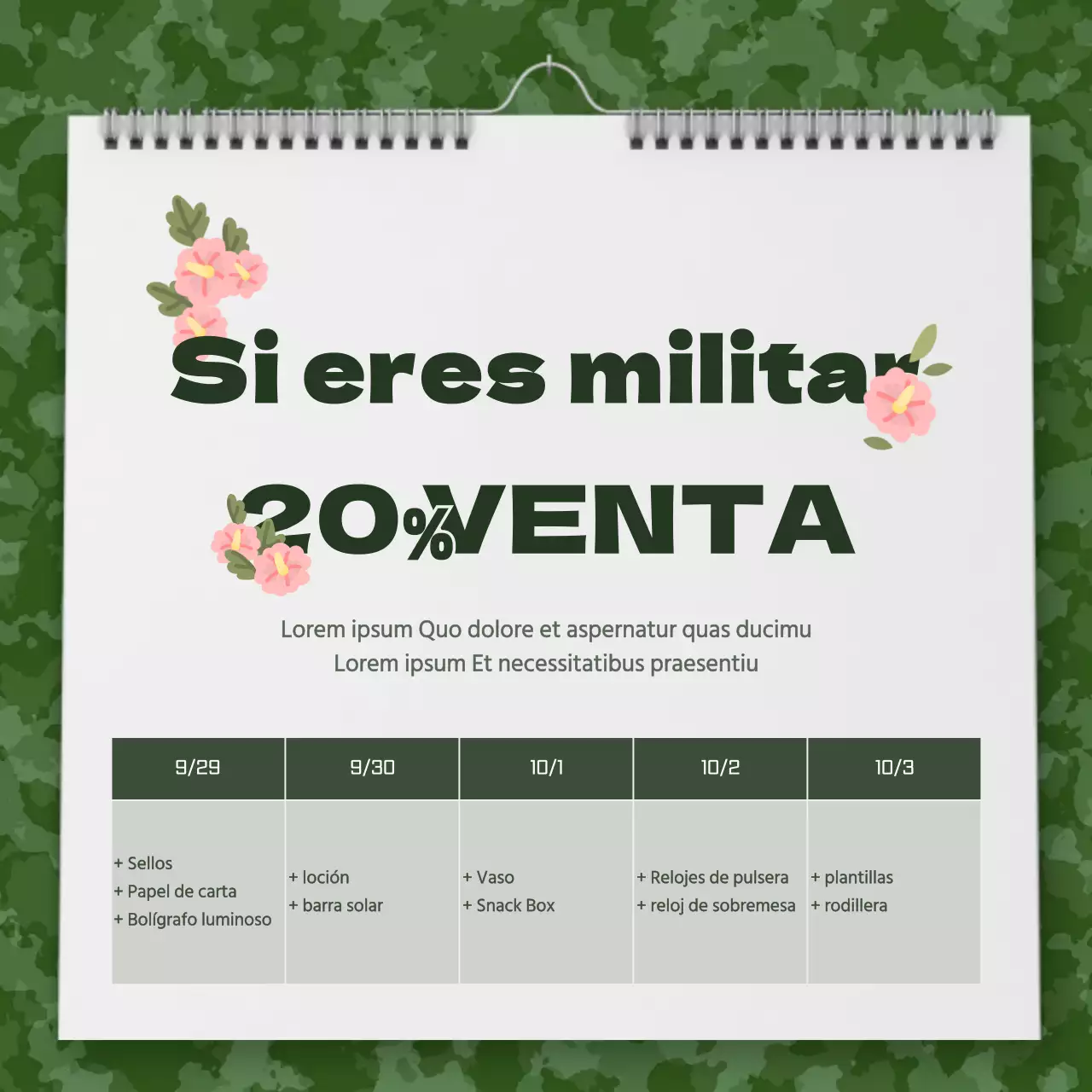 Un bonito concepto de calendario militar para anunciar eventos con descuento