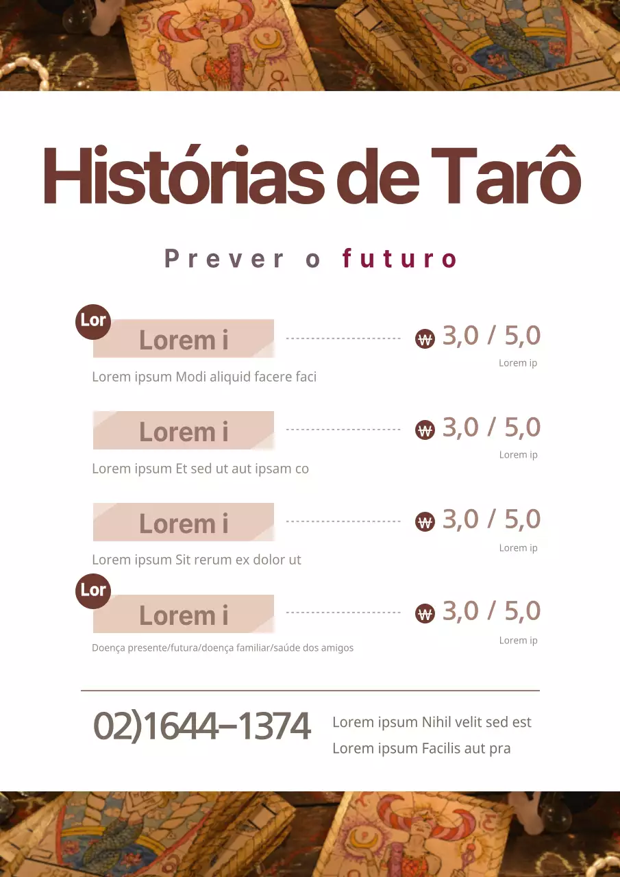 Promover o menu de uma simples loja de cartas de tarot com imagens de cartas de tarot castanhas