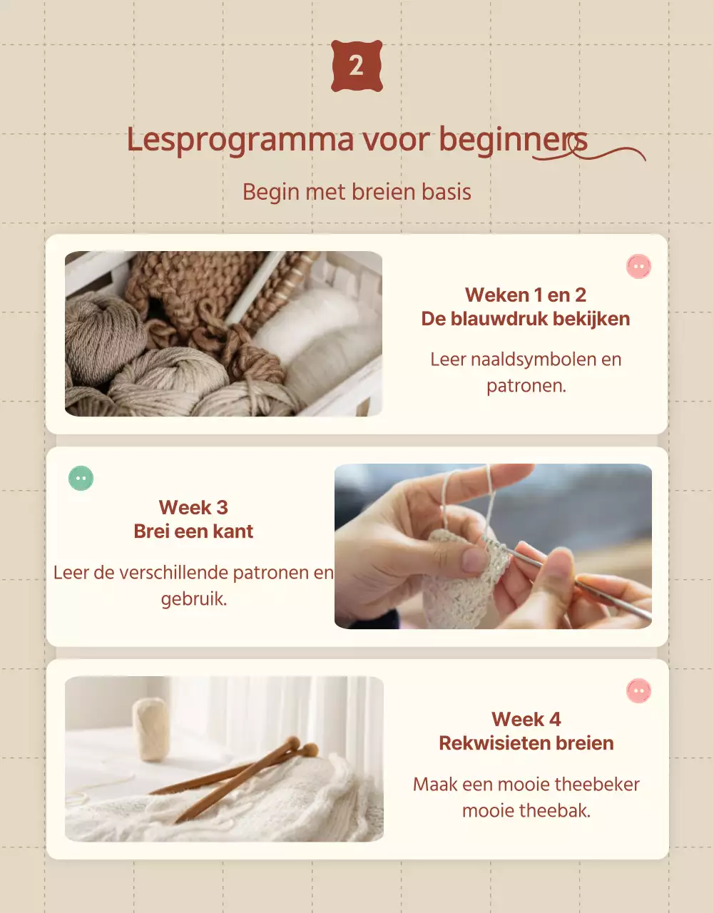 Werving promoten voor een breiklas in beige en rood.