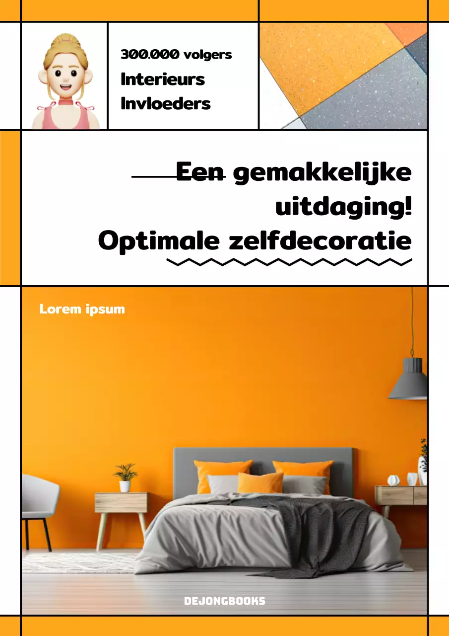 Binnenkant boekomslag met oranje elementen in een vierkant kader