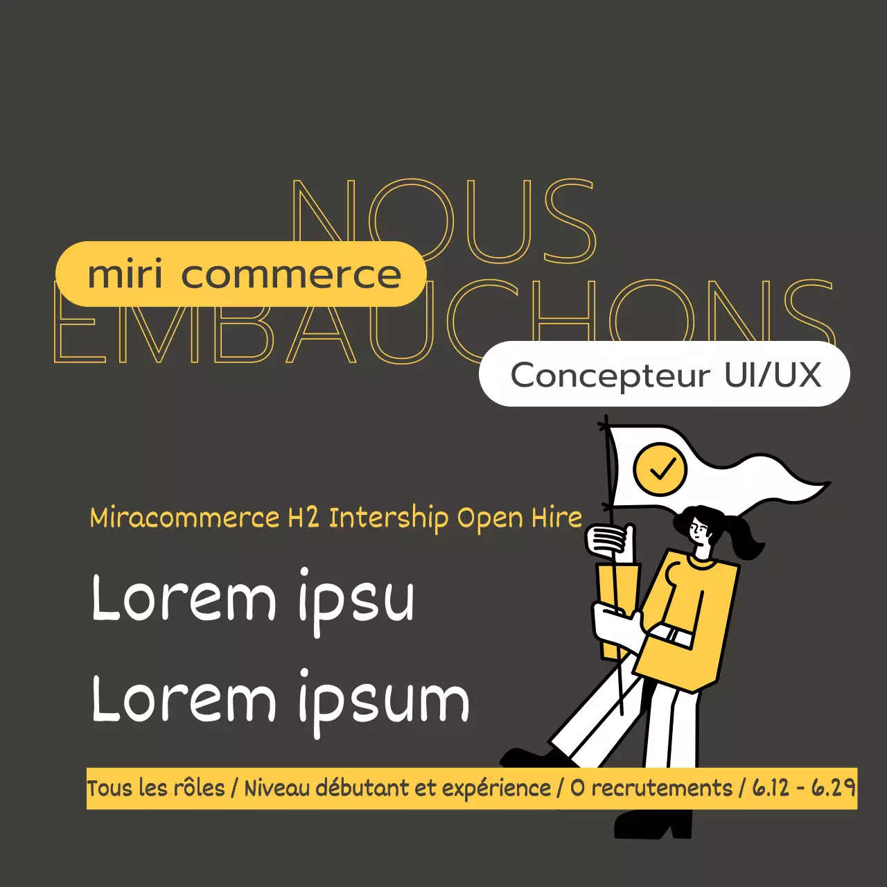 Offre d'emploi pour un stage sur fond de papier texturé et illustration en jaune et noir