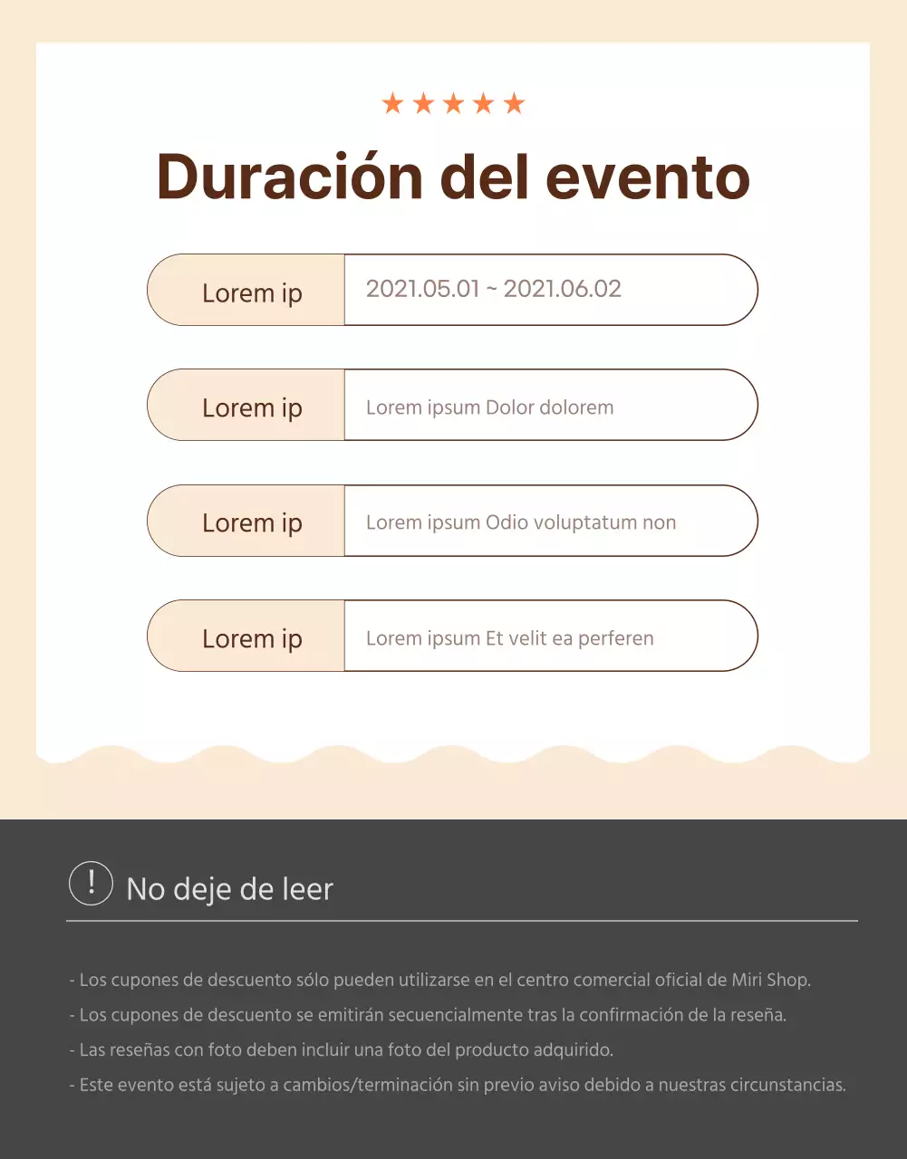 Página del evento de revisión marrón y naranja