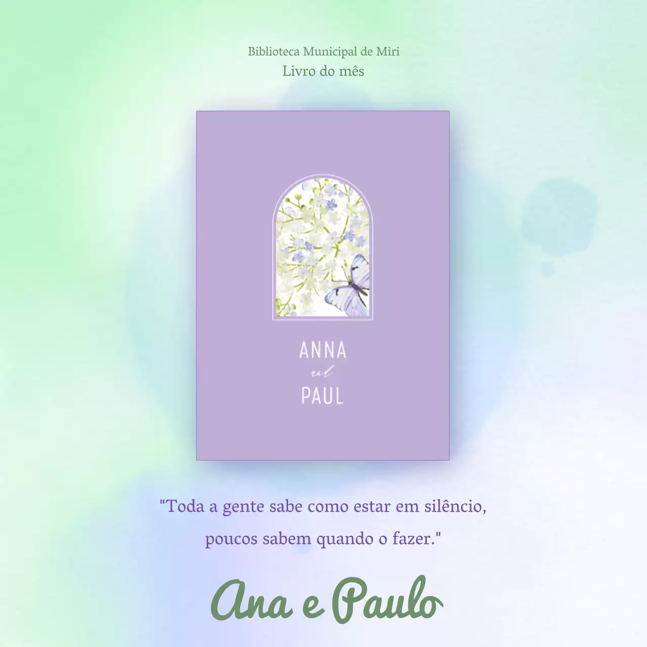 Promoção de recomendação de livro suave com fundo gradiente roxo e menta V2