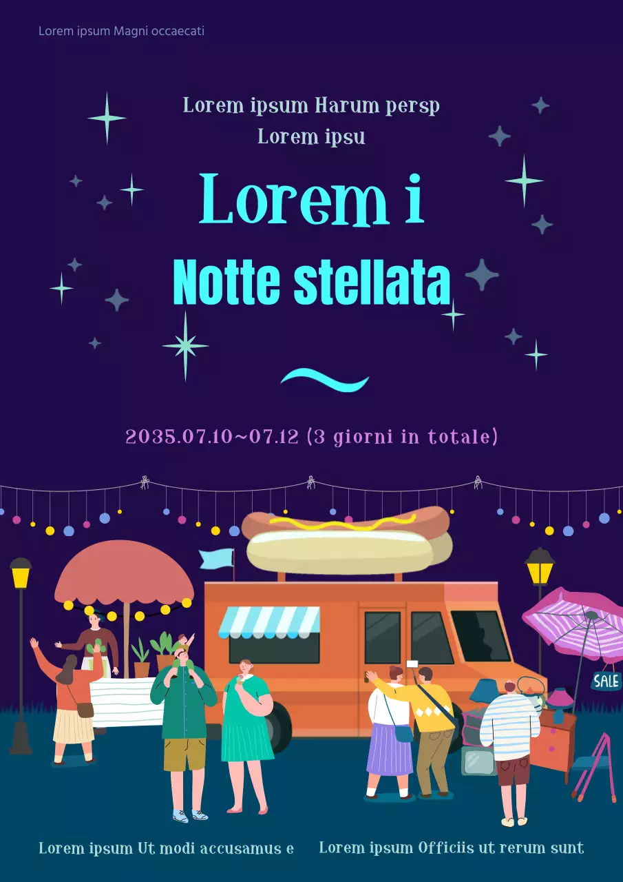 Un evento di notte stellata non movimentata con illustrazioni del cielo notturno e del mercato notturno