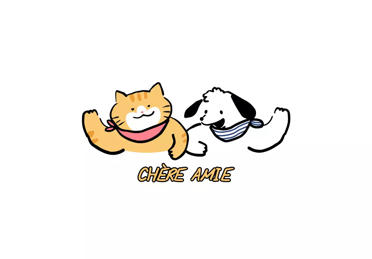 Design avec des illustrations au trait de chats et de chiens mignons disant bonjour dans différentes couleurs.