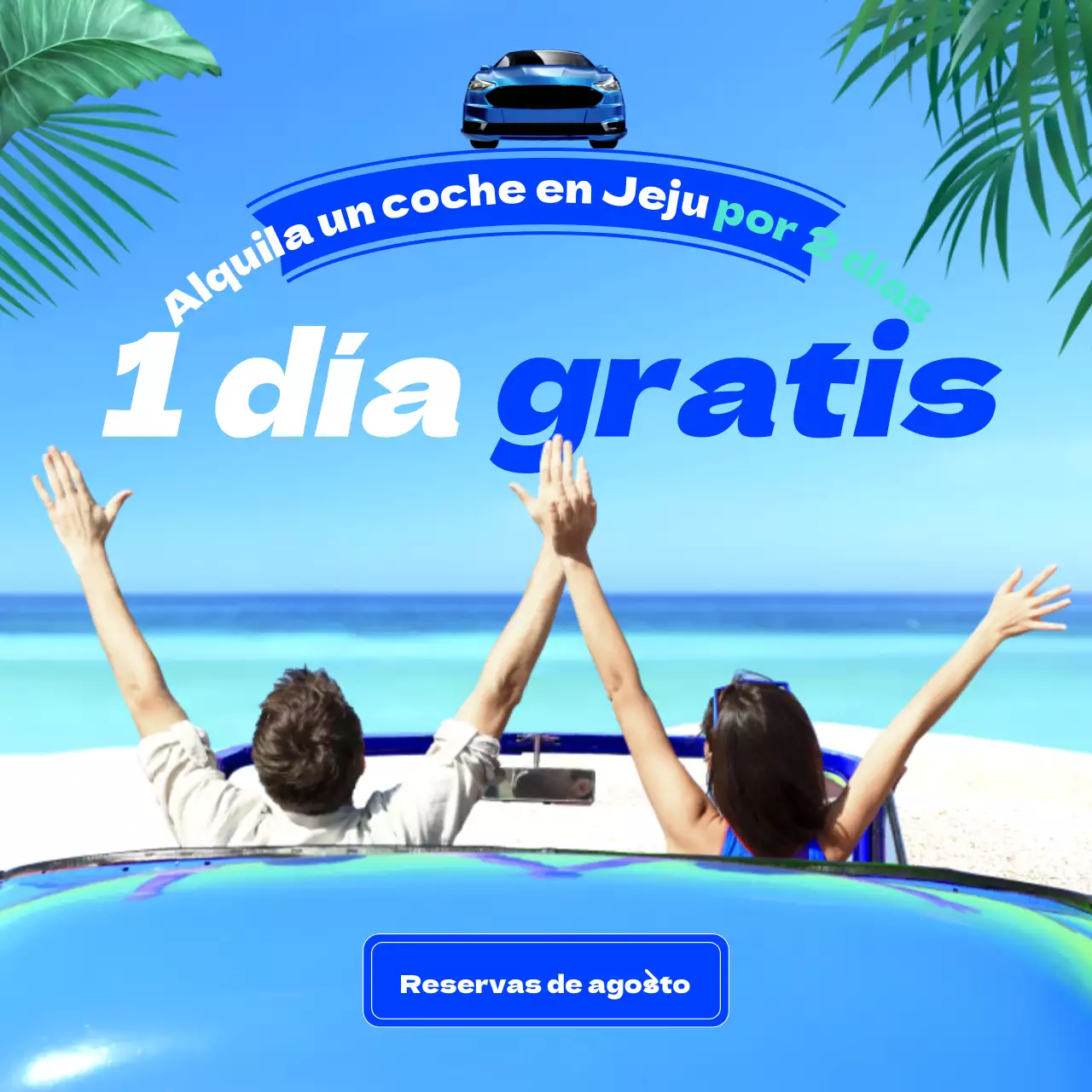 Promocione las promociones de alquiler de coches en azul y blanco tropical de la isla de Jeju