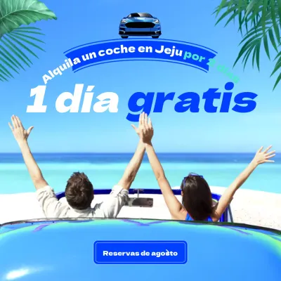 Promocione las promociones de alquiler de coches en azul y blanco tropical de la isla de Jeju