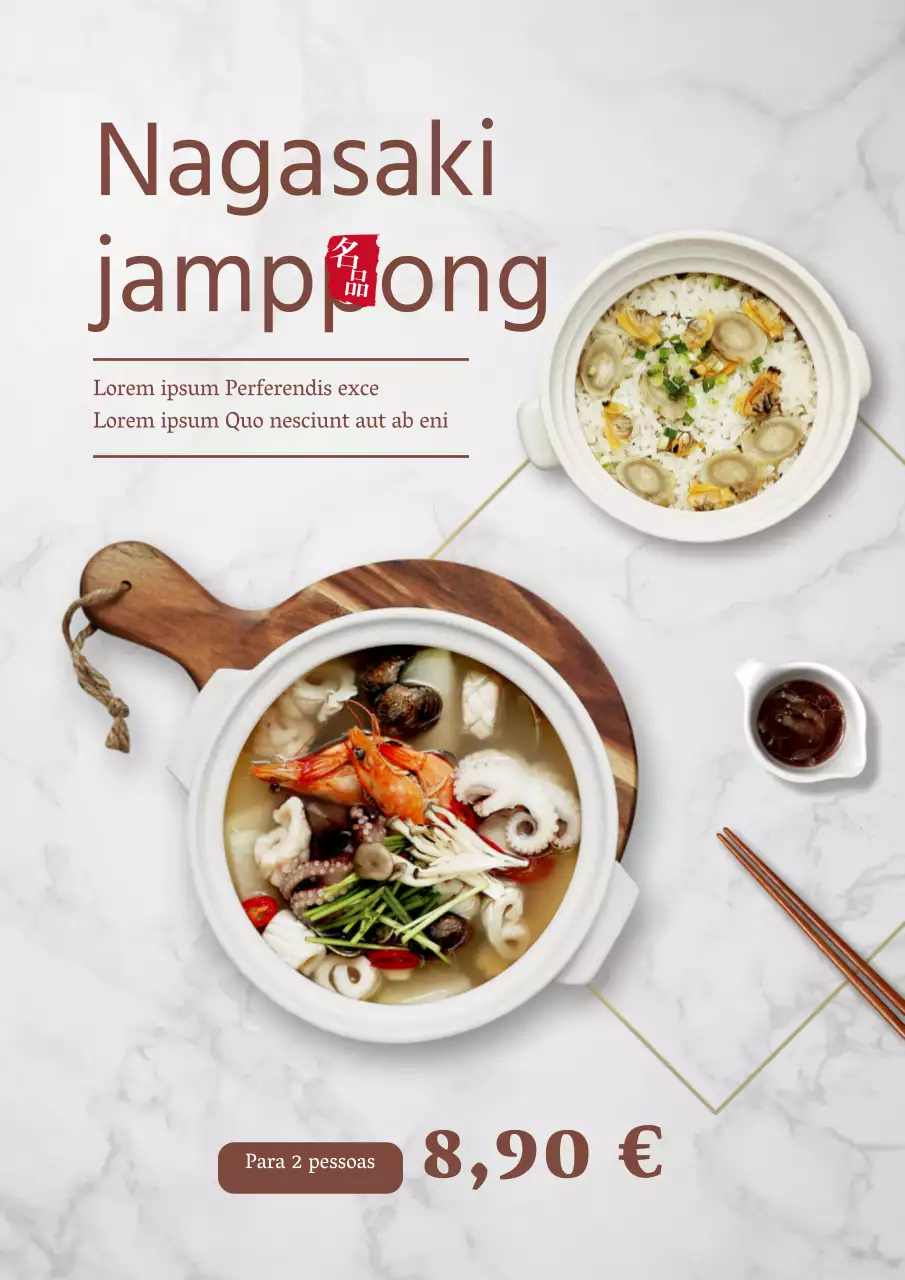 Cartaz de menu japonês Nagasaki Champon com fundo de mármore