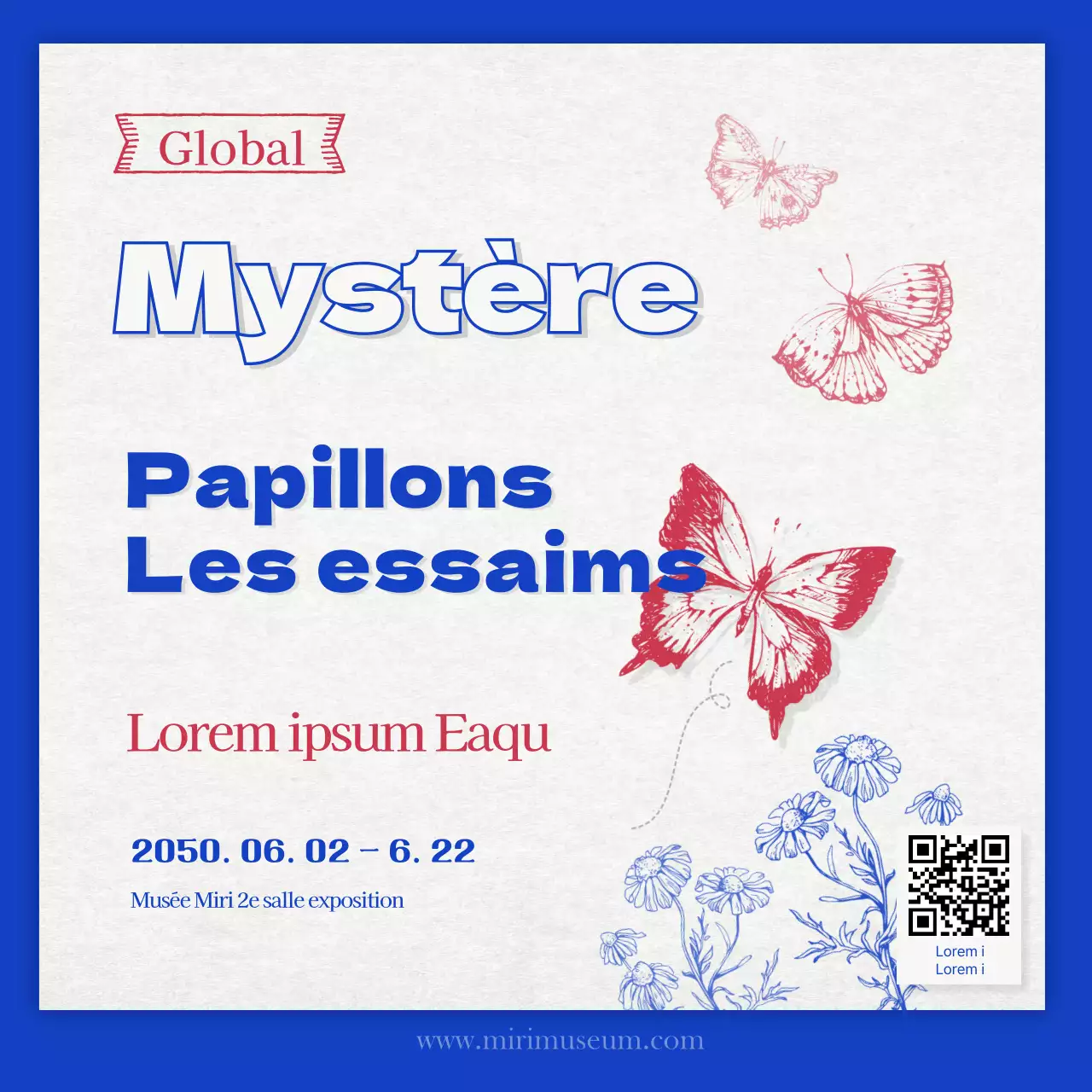 Exposition de spécimens de papillons de style rétro en bleu et rouge