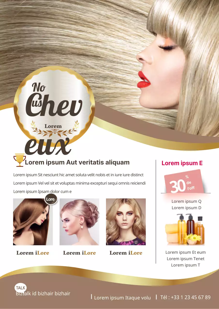 Un prospectus pour un luxueux salon de coiffure dans des tons dorés.