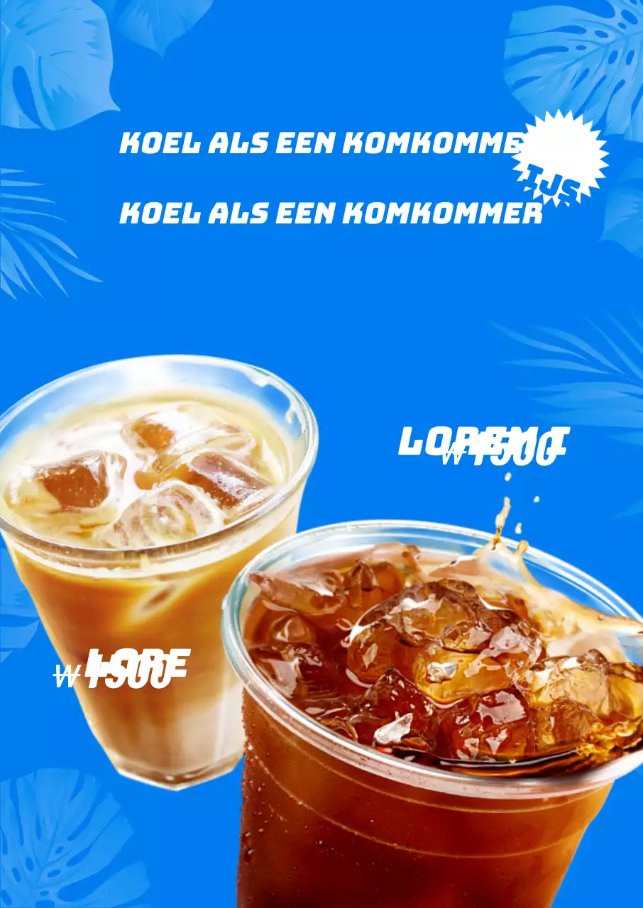 Een eenvoudig, cool concept met een illustratie van blauwe bladeren en een foto van koffie om de drank te promoten.