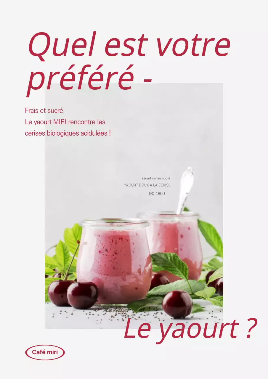Webposter sur le yaourt à la cerise avec des polices de caractères audacieuses et des couleurs rouges