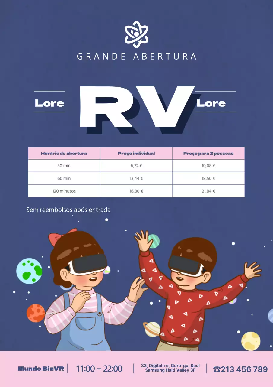 Folheto de menu para a experiência de realidade virtual em azul-marinho e cor-de-rosa.