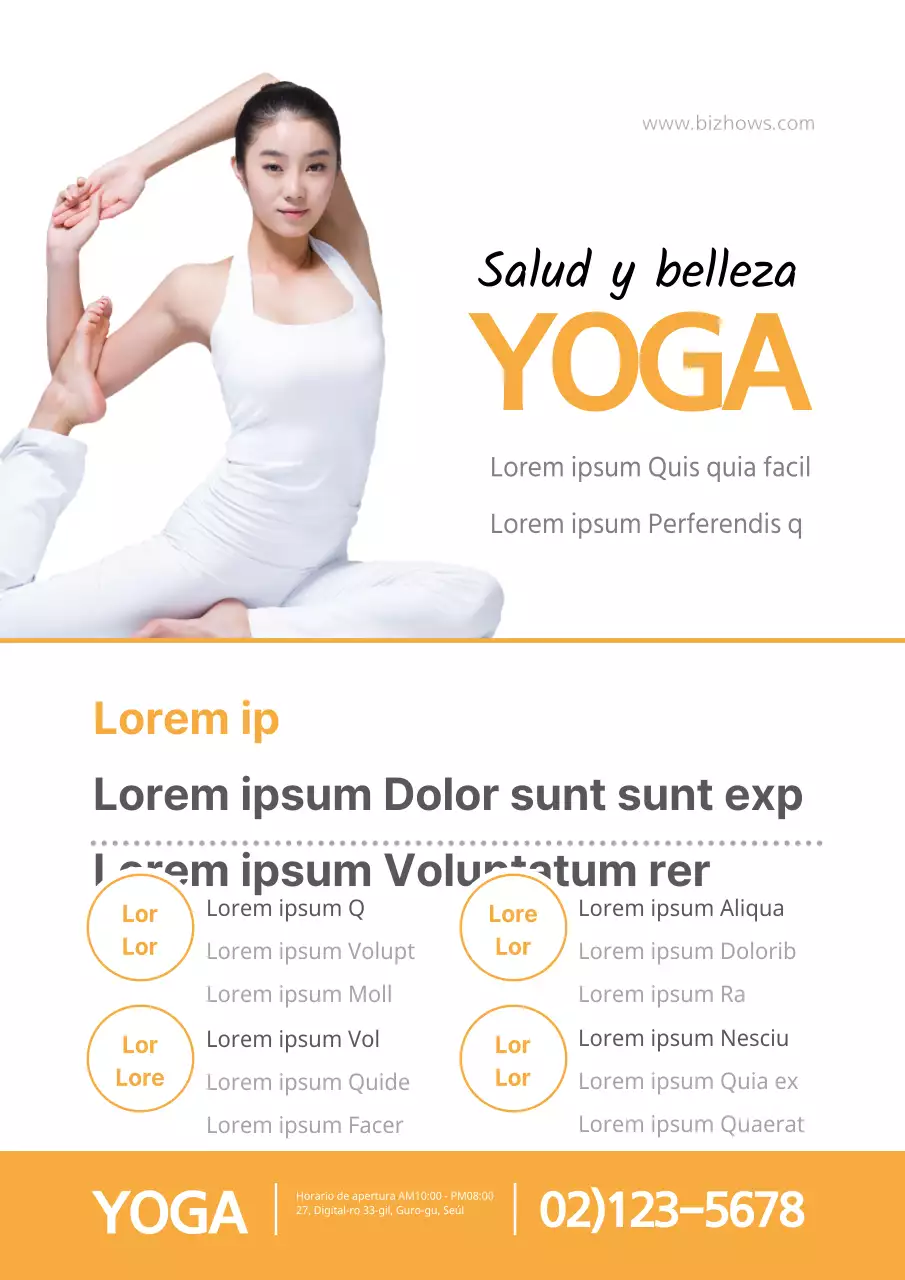 Promoción de una escuela de yoga con palabras clave de salud y belleza en naranja y blanco