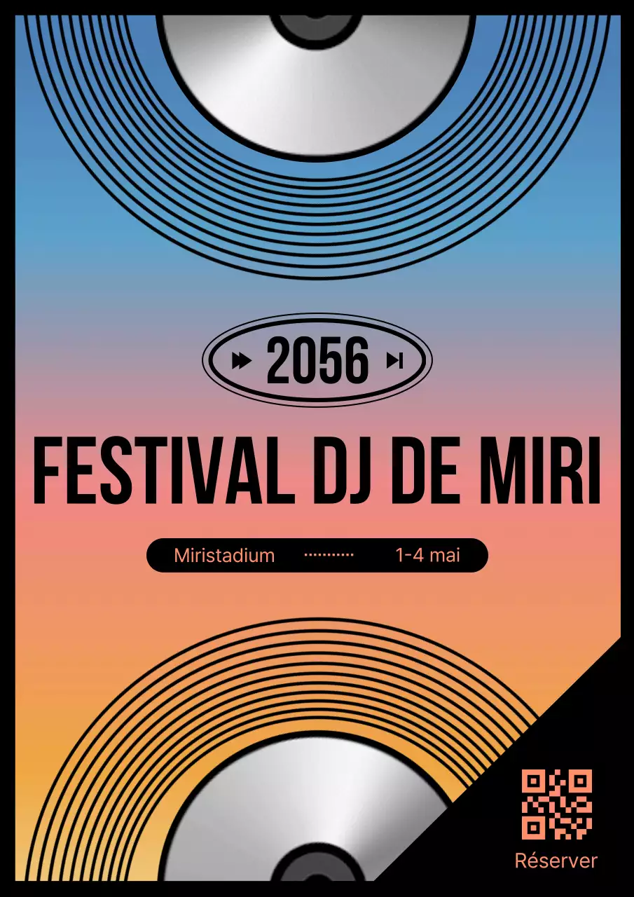 Festival de DJ mettant en valeur des CD sur fond de ciel et de dégradé orange