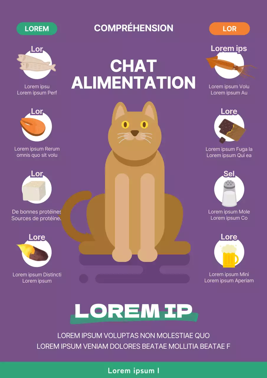 Infographie sur les aliments pour chats (animaux de compagnie) en violet