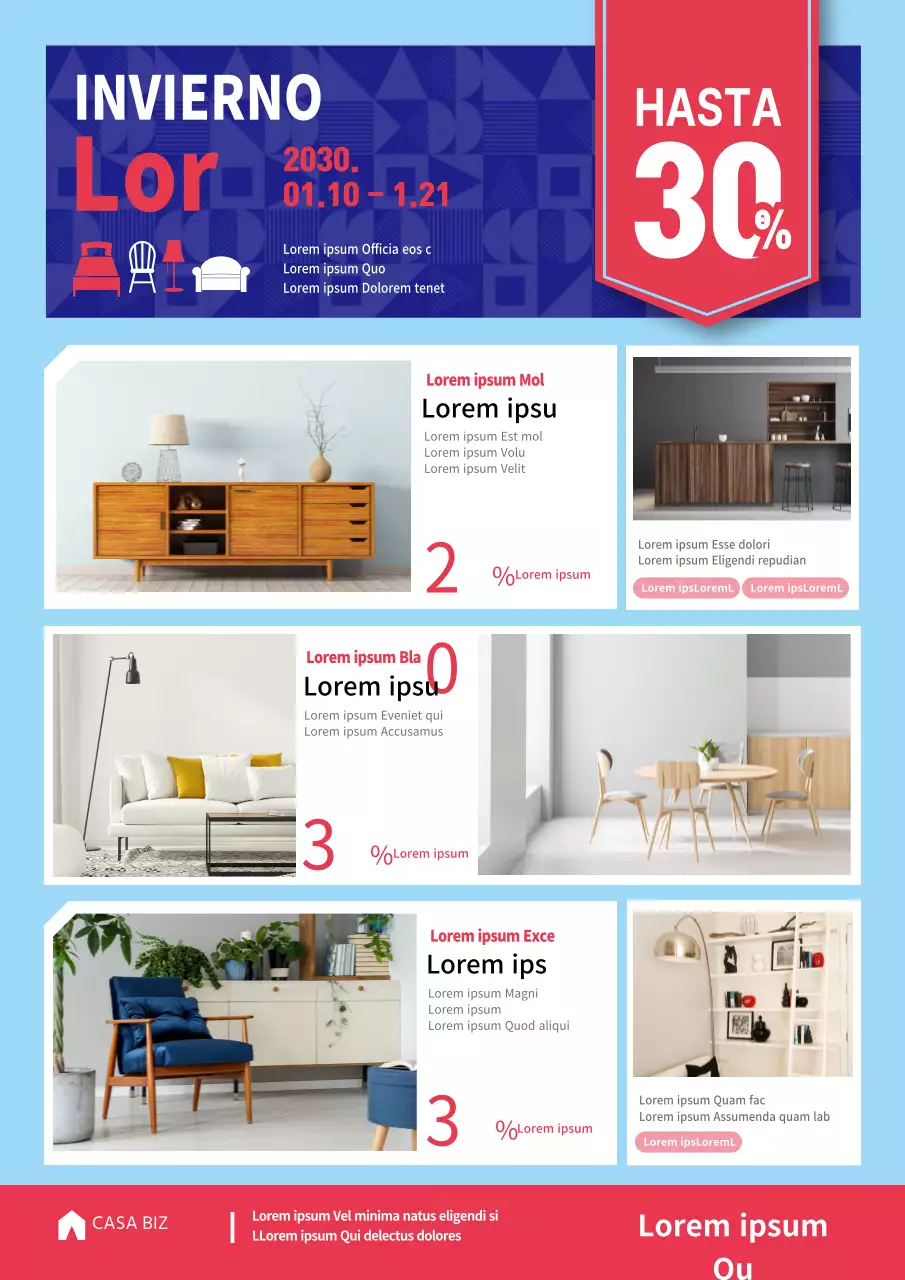 Pieza promocional de venta de temporada de una tienda de muebles en azul y rosa.