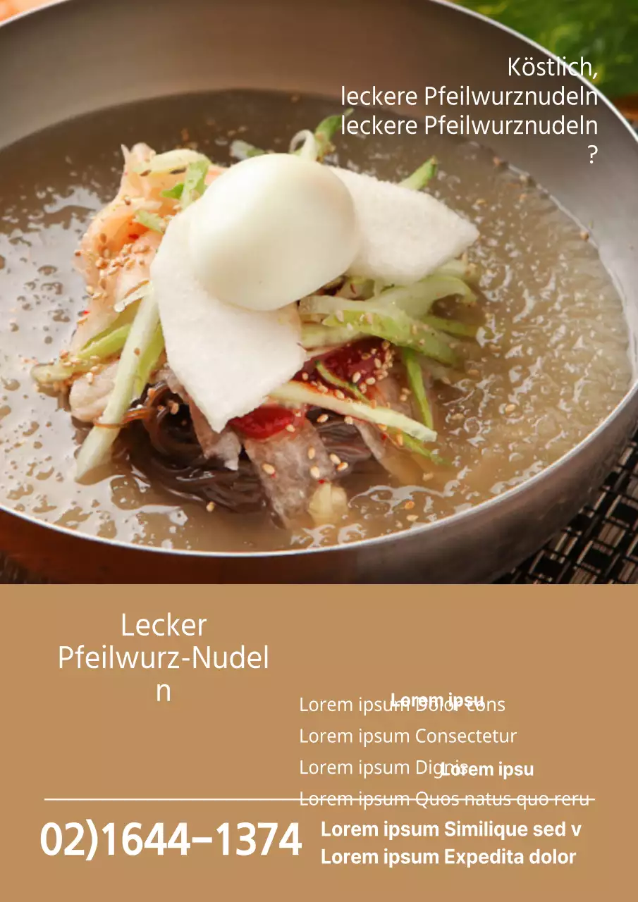 Werbung für ein Udon-Restaurant mit einem Foto von braunen, warmen Udon-Nudeln