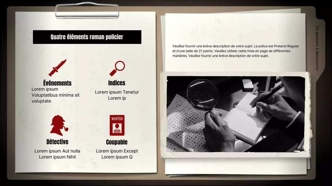 Analyse des romans policiers sur fond noir et des classeurs bruns