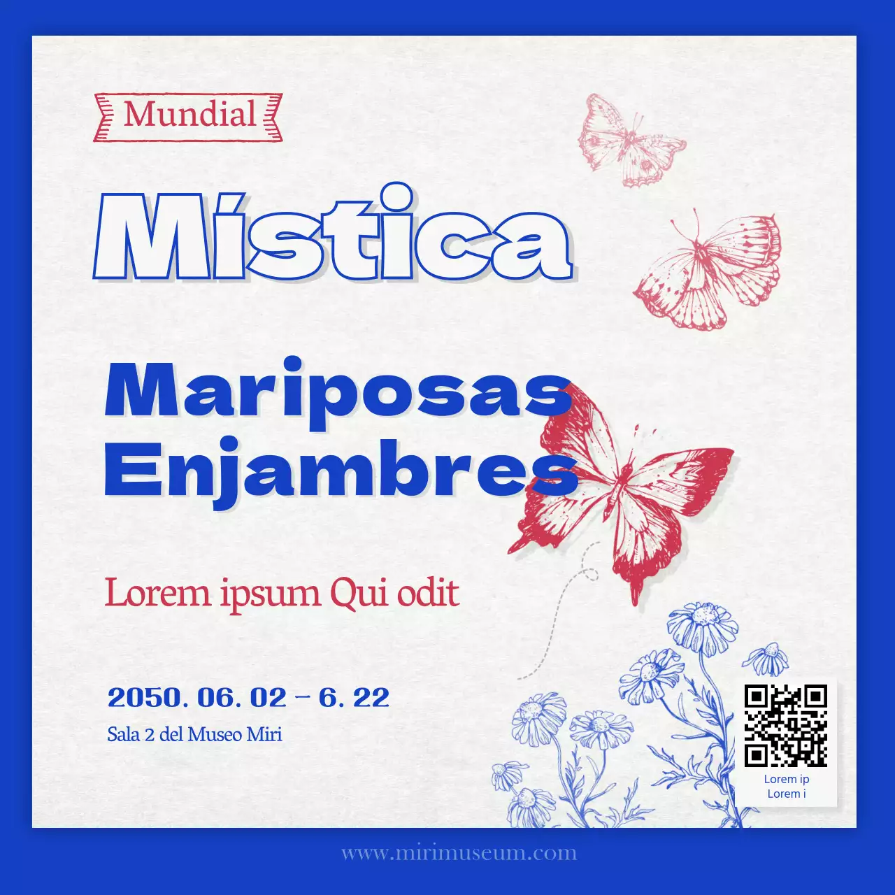 Exposición de mariposas de concepto retro en azul y rojo