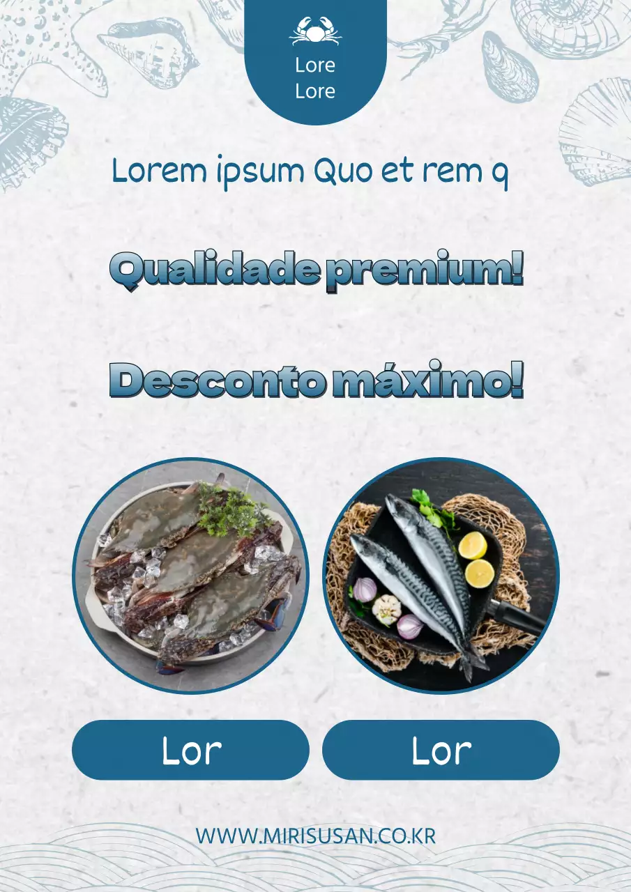 Promoção de produtos do mar com toques de azul e azul claro sobre um fundo Hanji