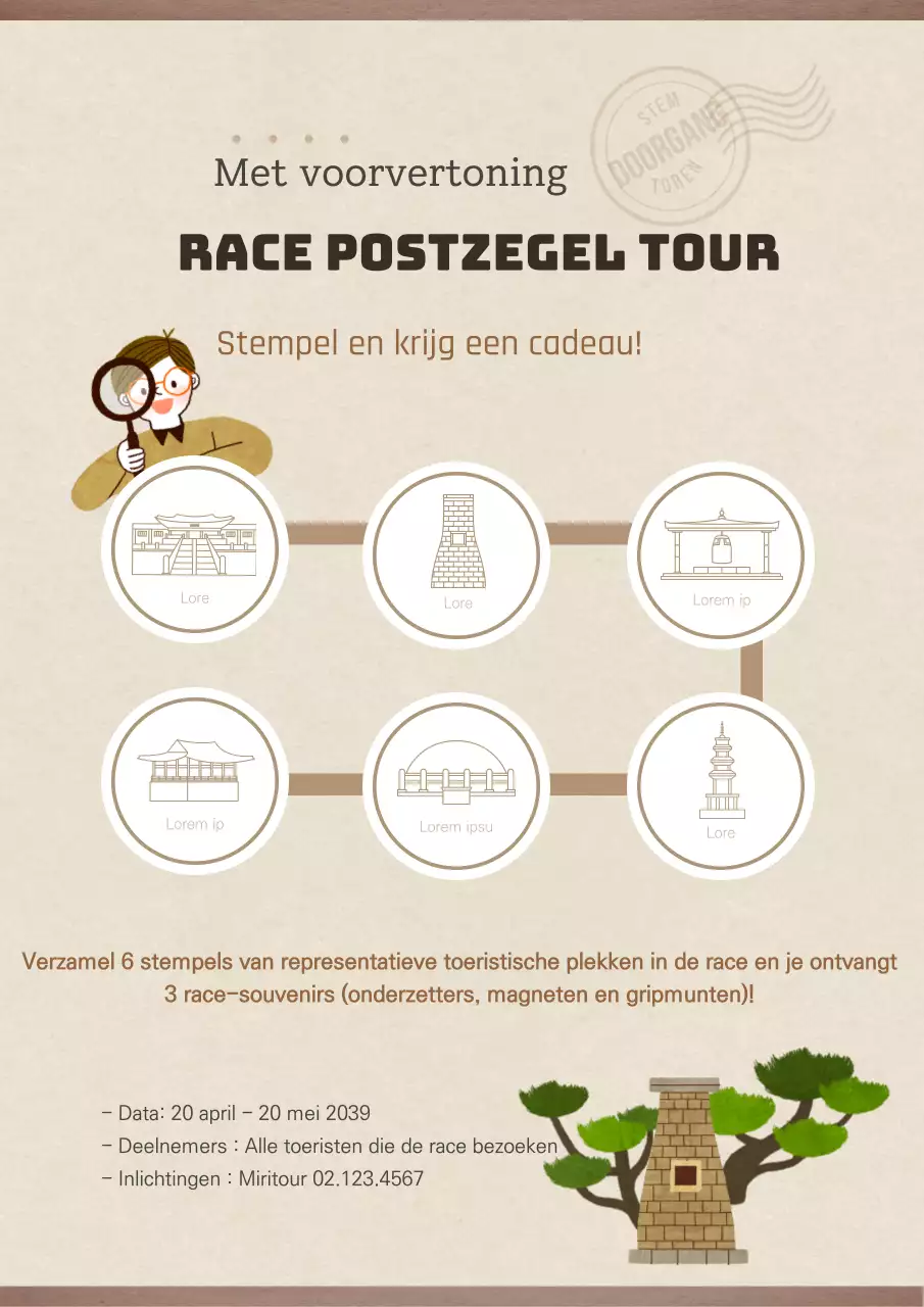 Een leuk postzegelstudievel met verschillende oriëntatiepunten van over de hele wereld in bruin