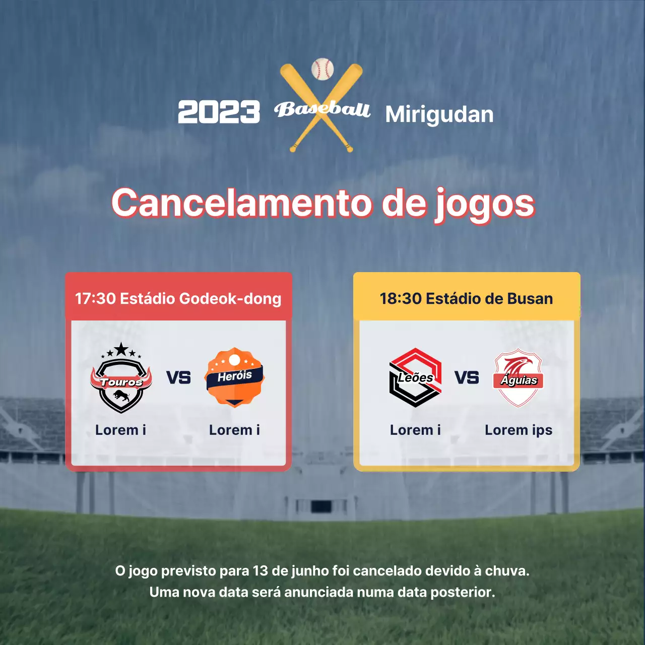 Um guia para o cancelamento de jogos de basebol devido à chuva, com um toque de vermelho e amarelo