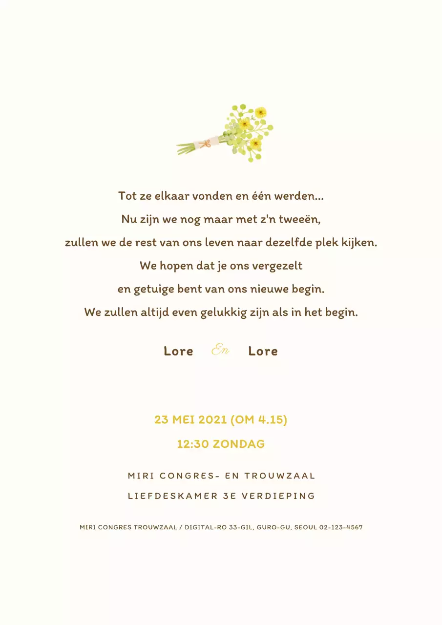 Huwelijksuitnodiging ansichtkaart met een eenvoudig geel boeket illustratie