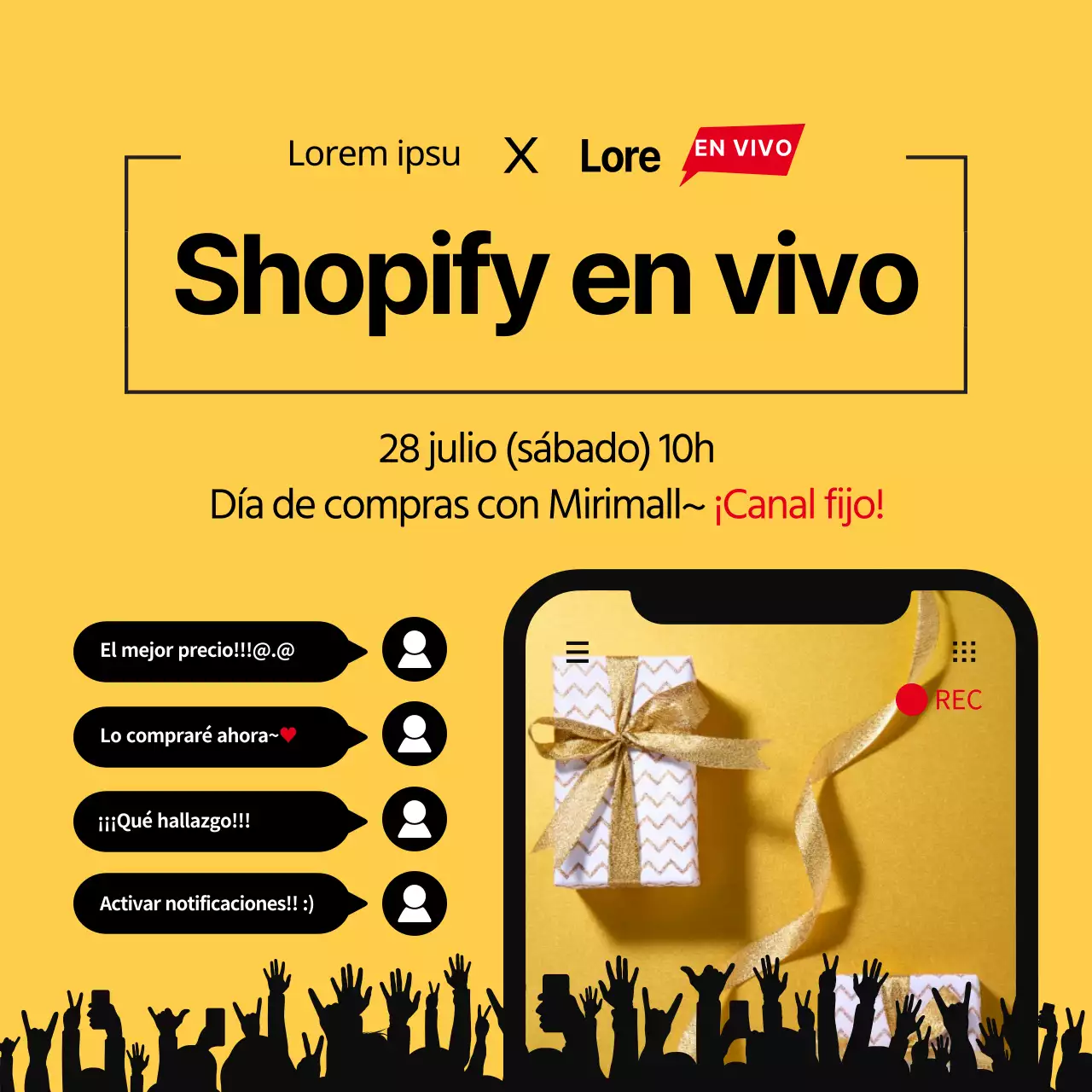 Compras en vivo con amarillo y negro marco de teléfono móvil concepto de chat