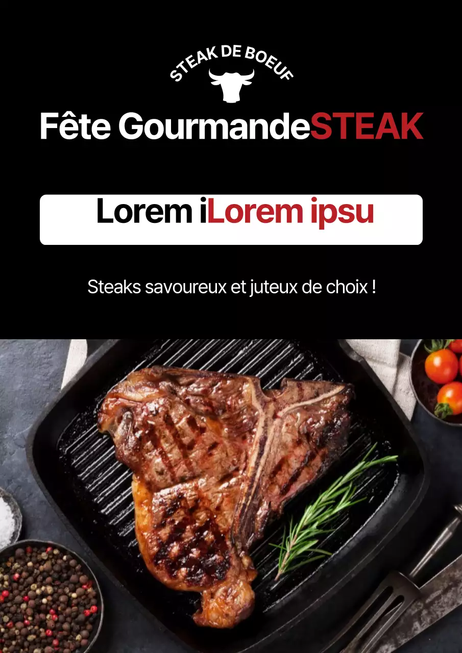 Promotion simple d'un steakhouse avec une photo en noir d'un steak