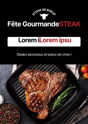 Promotion simple d'un steakhouse avec une photo en noir d'un steak