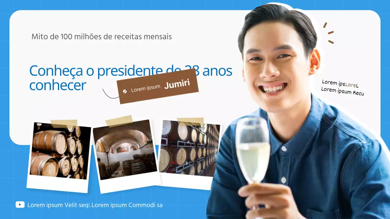 Entrevista com o jovem proprietário de uma marca de vinhos simples em azul claro e castanho