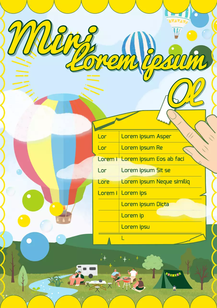 Folleto de campamento de verano con bloc de notas amarillo e ilustraciones