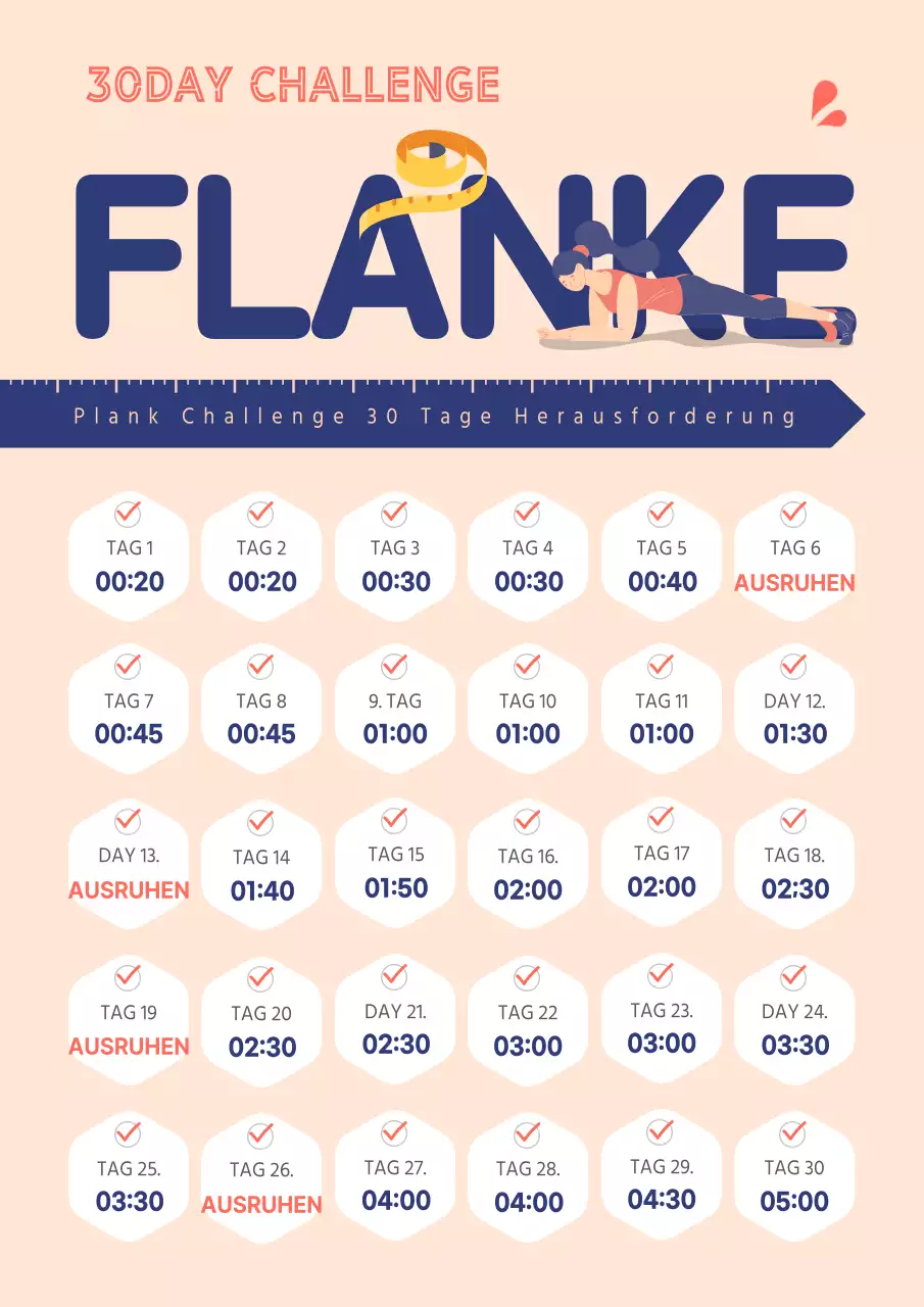 Plank-Übungen in Marineblau und Rosa Ein-Monats-Challenge-Tabelle