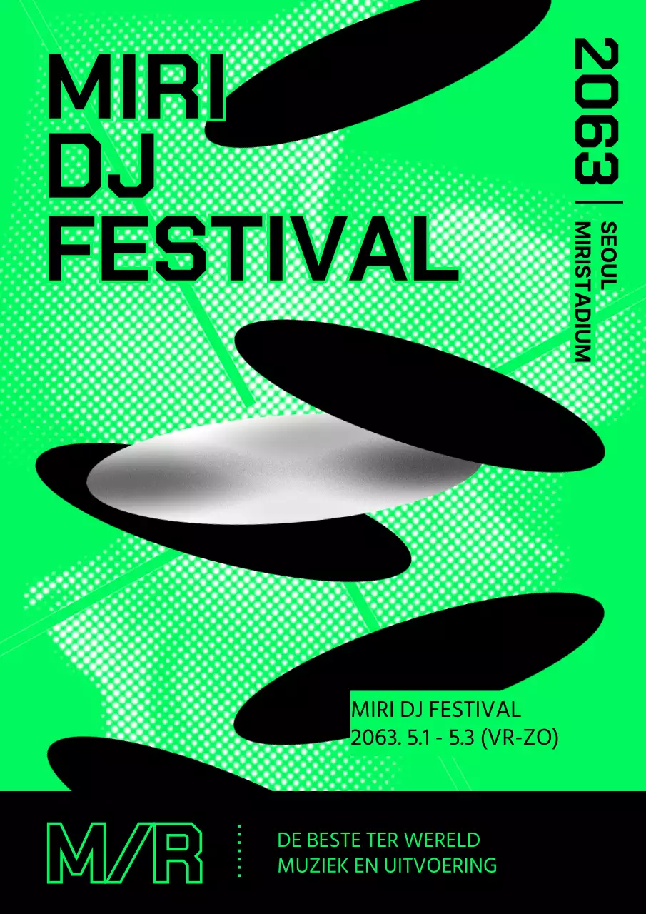 Neongroene en zwarte ovale stippen leiden je naar het DJ-festival