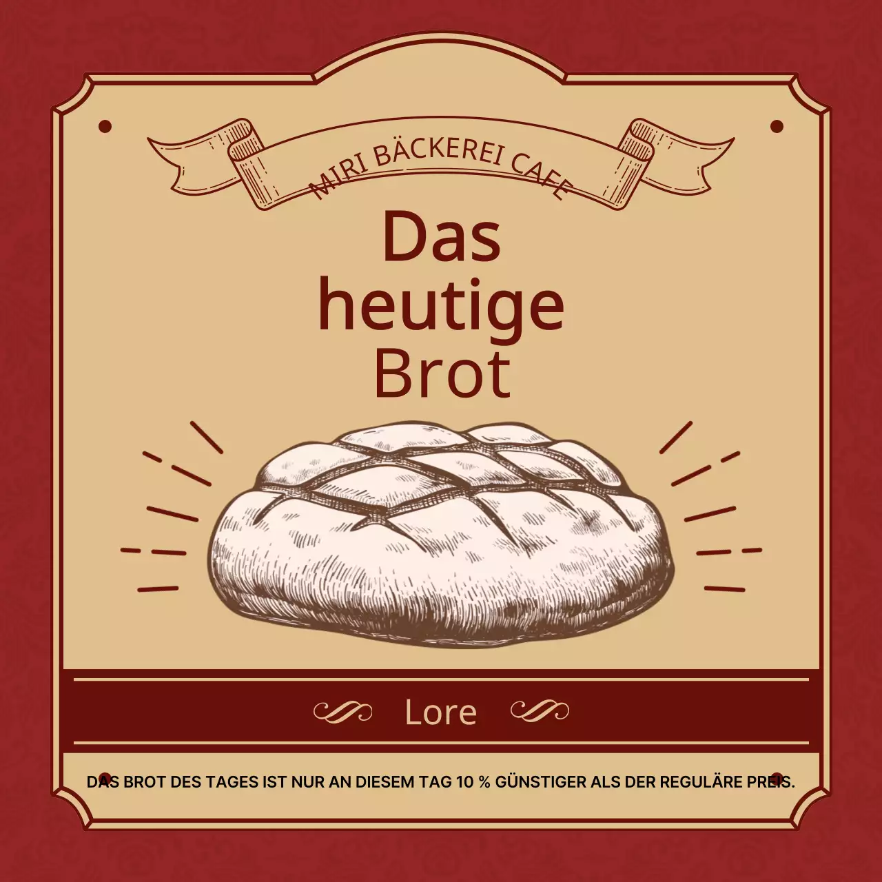 Brot des Tages-Menü in Rot und Beige mit einem Vintage-Konzept