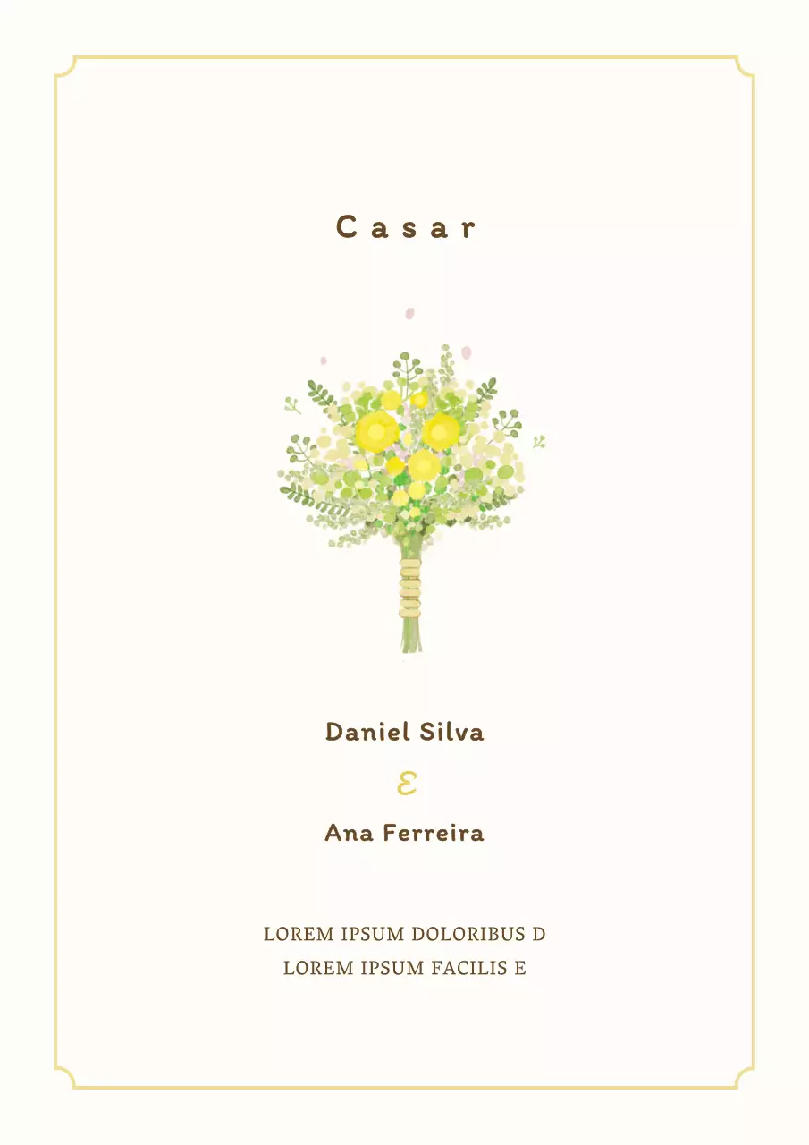 Postal de convite de casamento com uma ilustração simples de um bouquet amarelo