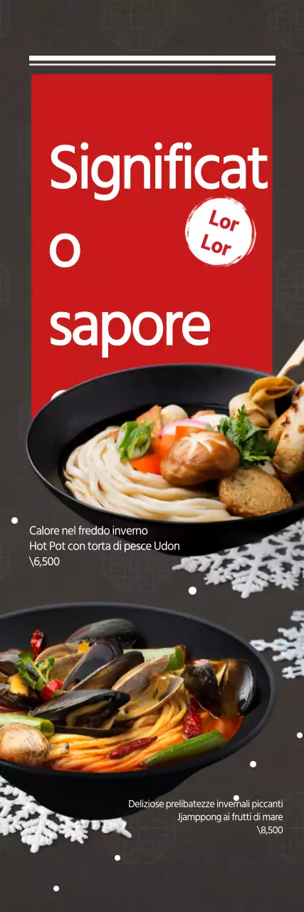 Promuovere un piatto di noodle caldo inverno freddo con un cristallo di neve rossa illustrazione