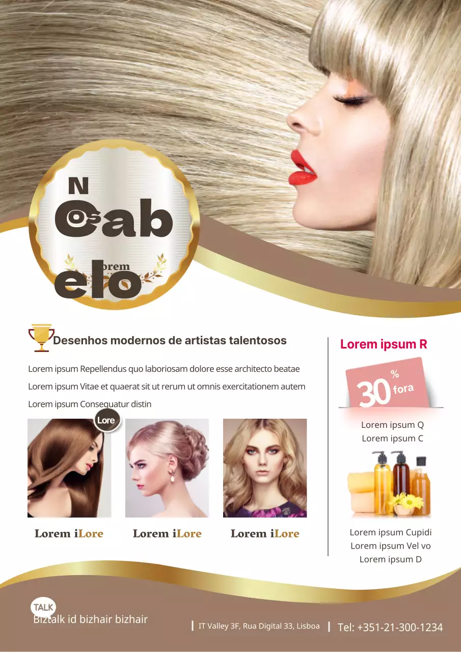 Um folheto para um salão de cabeleireiro de luxo em tons dourados.