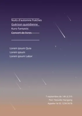 Promouvoir un concert avec une illustration de ciel nocturne avec des étoiles filantes bleues et brunes